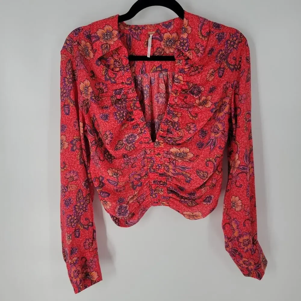 Free People Pink Floral I Got You Printed Long Sleeve Top S